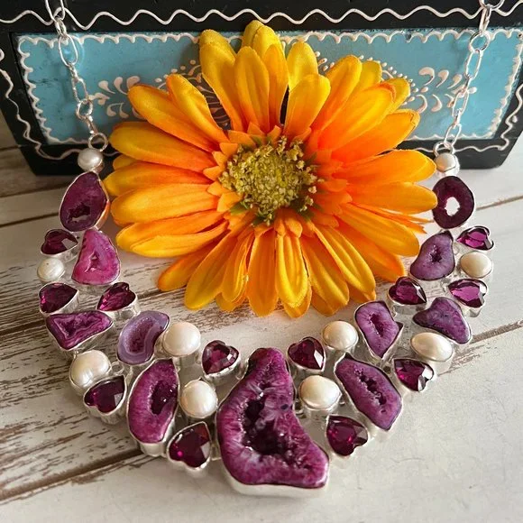 Solar Agate Pearl Heart Necklace Handmade Stone Gemstone 925 Silver Large Ethnic - Picture 8 of 15